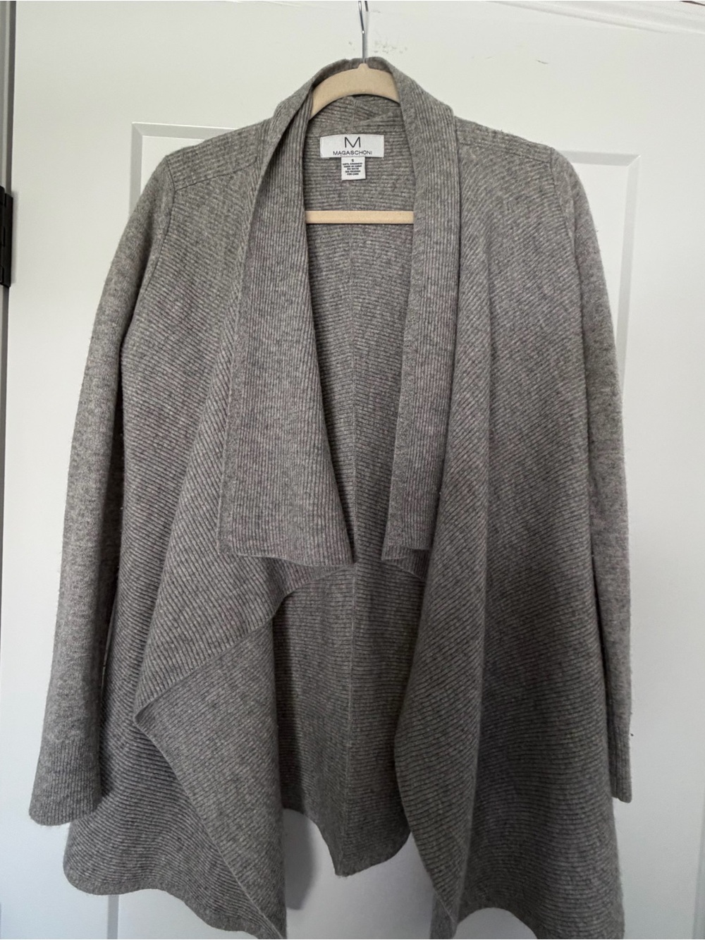 Magaschoni Women's 100% Cashmere Gray Open Front Drape Ribbed Sweater